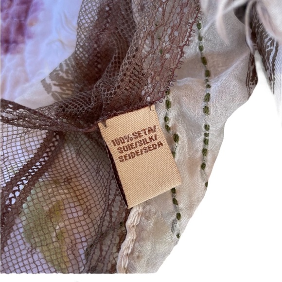 Stunning Silk Tan Orange Sete De Jaipur Mixed Media Mesh Embroidered Silk Scarf - Picture 10 of 15